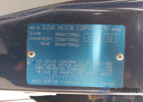 2003 Suzuki Xl-7 Ltd/Touring from USA, damaged, VIN JS3TY92V934101653